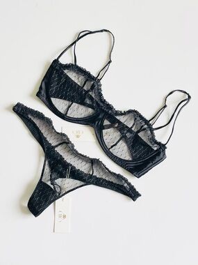 NWT Kiki de Montparnasse 36D LARGE Black Les Follies bra gstring panties set